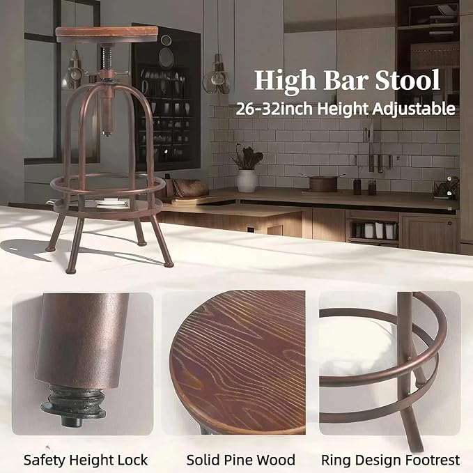 Set of 2 Industrial Bar Stool-Retro 26-32.3inch Swivel Stools-Extra Tall - Image 4