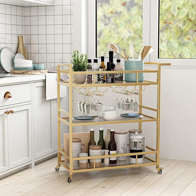 Gold Bar Carts with 3 Tier Glass Shelves, Rolling Serving Bar Cart with Wine - Image 3