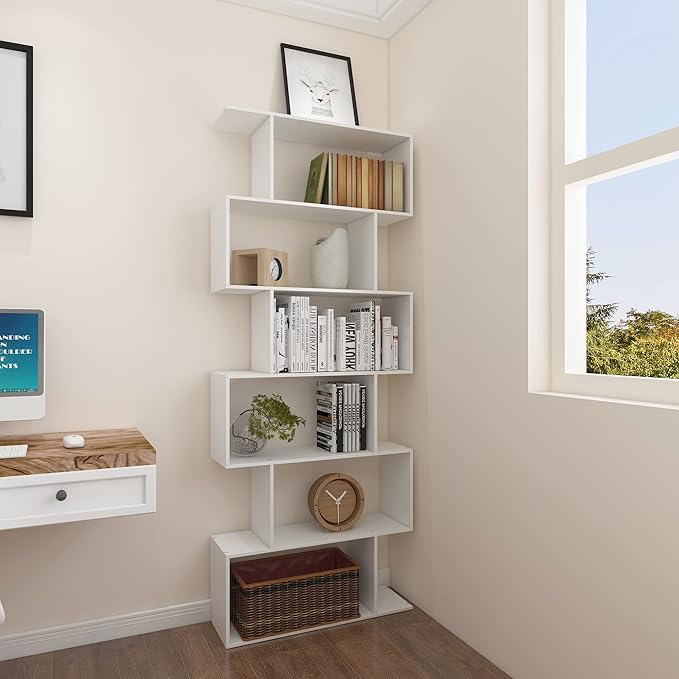 Yusong S Shaped Bookshelf, Modern Geometric Bookcase, 6-Tier White Display Case - Image 8
