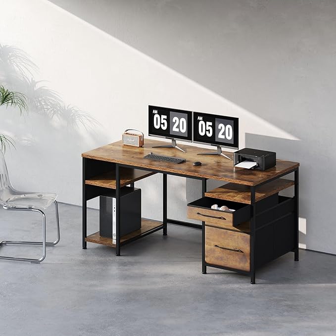 Ｍａｉｈａｉｌ 59" Computer Desk with 3 Fabric Drawers and Wooden Shelves - Image 2