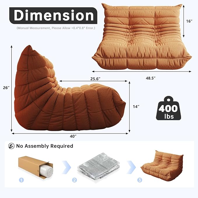Bean Bag Chairs for Adults, Memory Foam Couch Loveseat Sofa Chair, Soft Teddy - Image 2