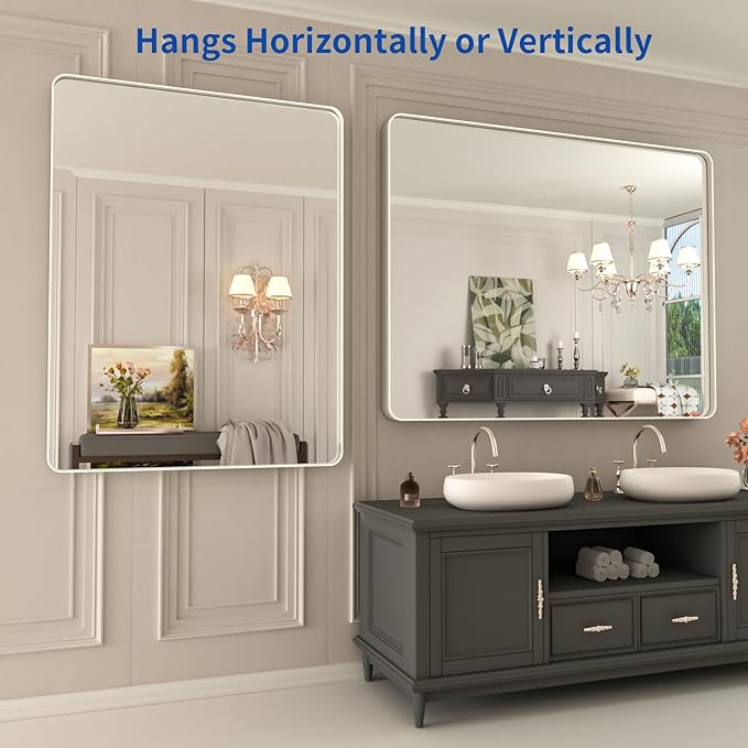 WEER 40X30 Inch Brushed Nickel Bathroom Mirror, Brushed Silver Metal Frame - Image 5