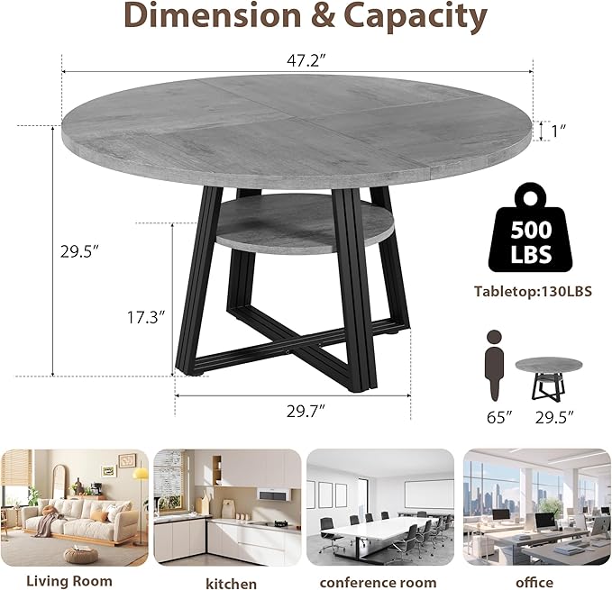 GarveeHome Round Dining Table for 4-6, 47.2" Farmhouse Kitchen Table - Image 2