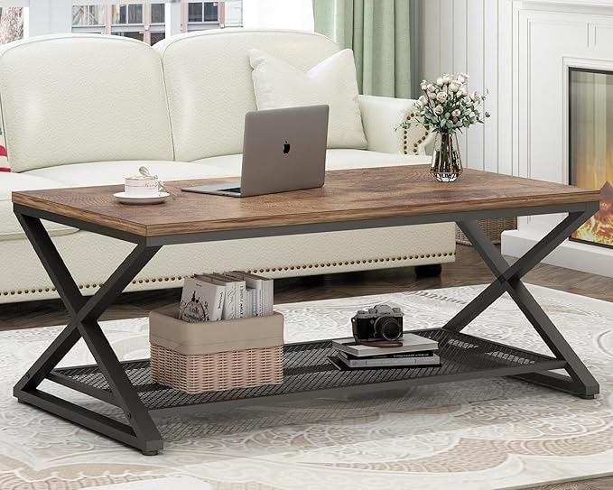 LVB Rustic Coffee Table, Industrial Metal Wood 2 Tier Cocktail Tea Table - Image 4