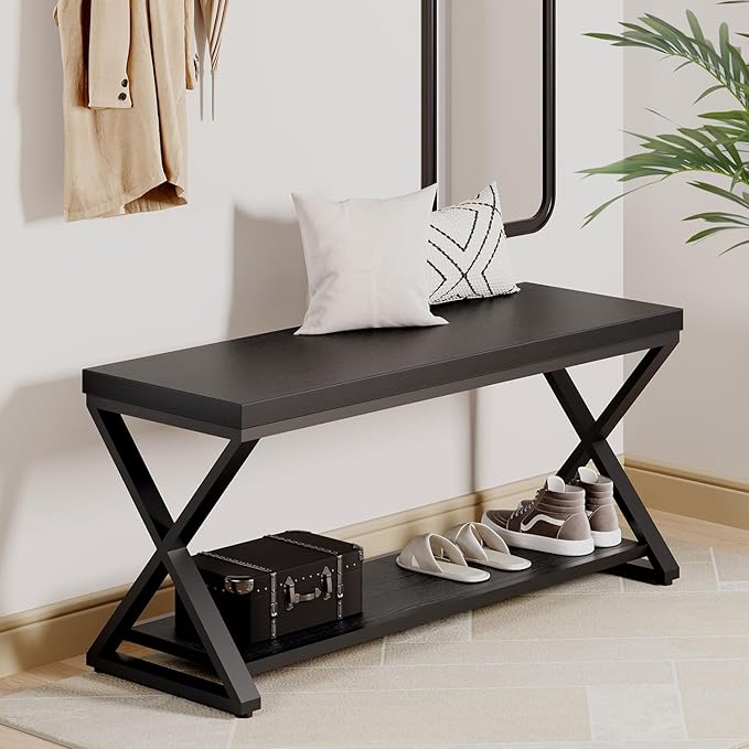 IBF Black Bench for Entryway, Farmhouse Entry Way Home Organizer Shoe Bench Seat - Image 3