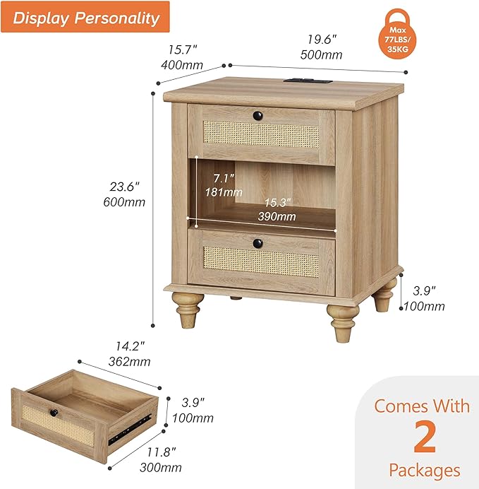 WAMPAT Set of 2 Rattan Night Stands Side Tables - Image 3