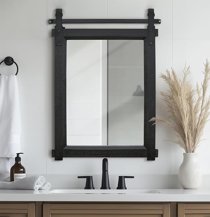 Farmhouse Barn Door Mirror: 22"x30" Black Rustic Wood Frame Mirror - Image 2