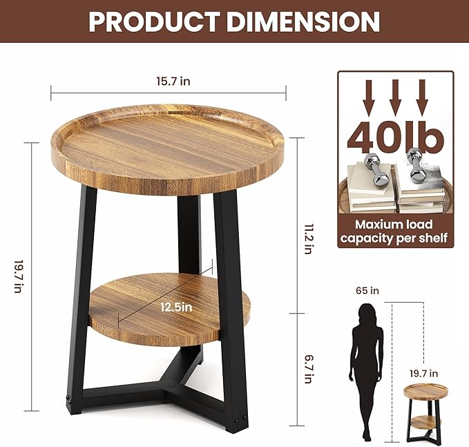 PPAMAPIC Round End Table, 2 Tier Side Table - Image 2