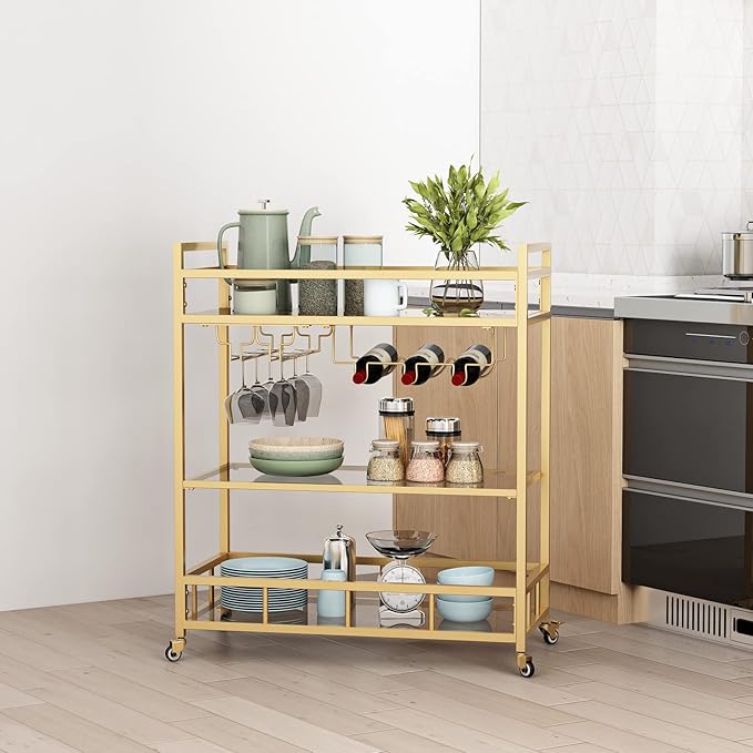 Bar Cart Gold with Bottle Storage and Wine Glass, Rolling Serving Bar Cart on - Image 5