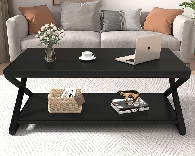 HSH Black Coffee Table Modern, 47 Inch Simple Rectangle Cocktail Table - Image 4