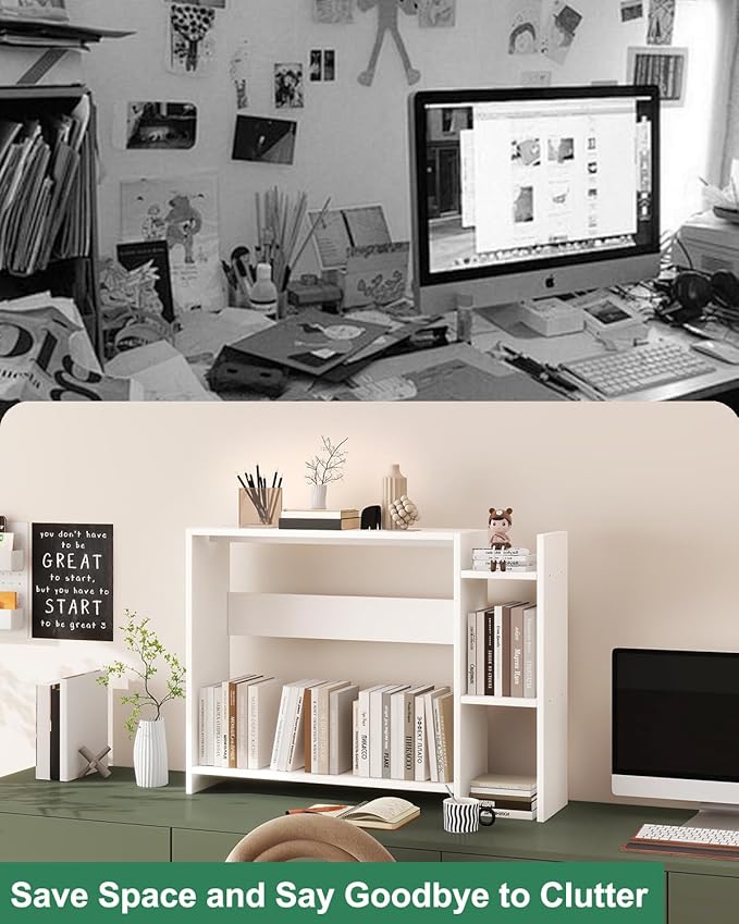 IBUYKE Desktop Bookshelf, 36.8" Desktop Organizer Shelf, Wood Desk Hutch - Image 8
