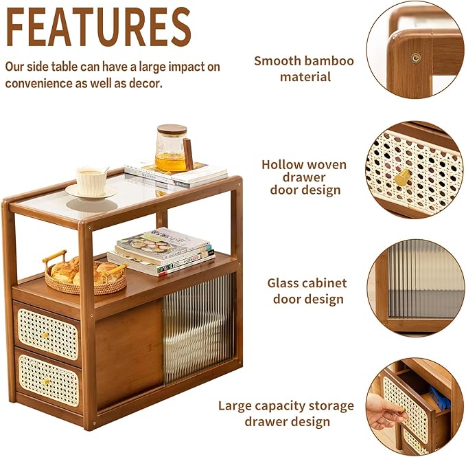 Tiita Rattan Nightstand Side Table, Bamboo Accent Bedside Tables, Glass Coffee - Image 3
