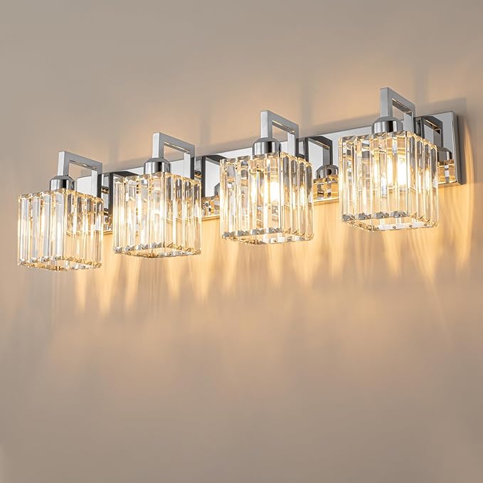 Modern Bathroom Vanity Light 4-Lights Chrome Crystal Wall Lamp Bathroom Modern by FDPBY