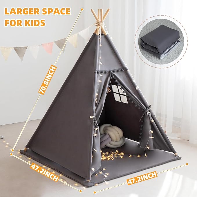 Teepee Tent for Kids with Mat, Star Lights, Carry Case, Cotton Canvas Playhouse - Image 3