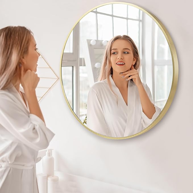 Gold Round Mirror 30 inch, Matte Gold Bathroom Mirror - Image 8