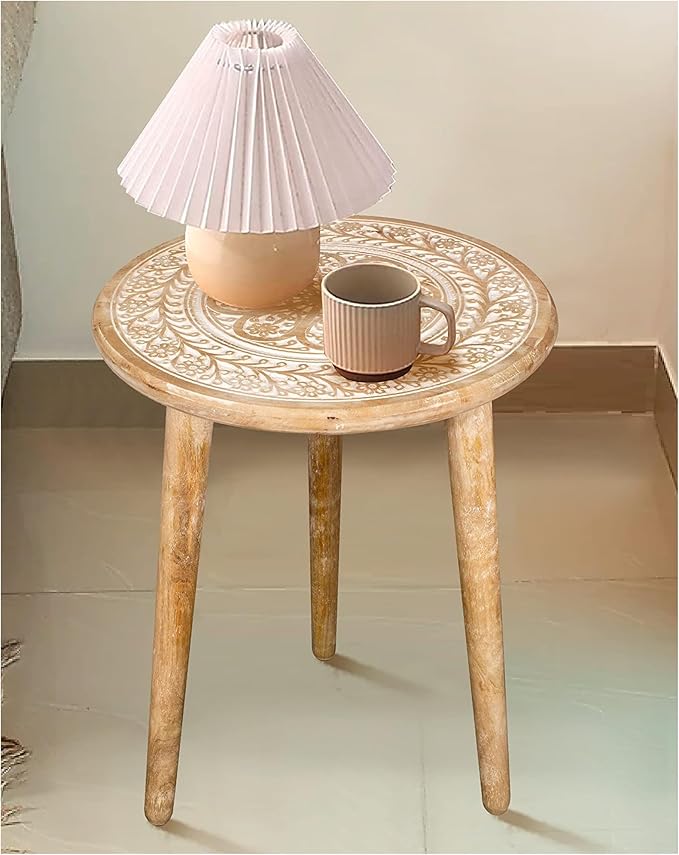 Wooden Table with 3 Legs Pillar, Carving End Tables, Round Coffee Tables - Image 8