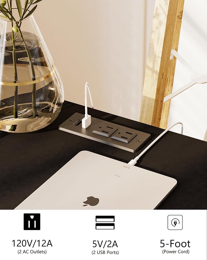 Black Nightstand with Outlet, Modern Bedside Table with Storage Drawer and Open - Image 4