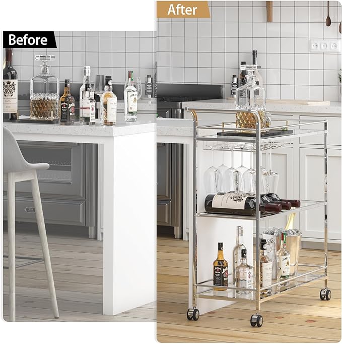 Bar Cart Silver, Home Bar Serving Cart, Modern Bar Cart - Image 7