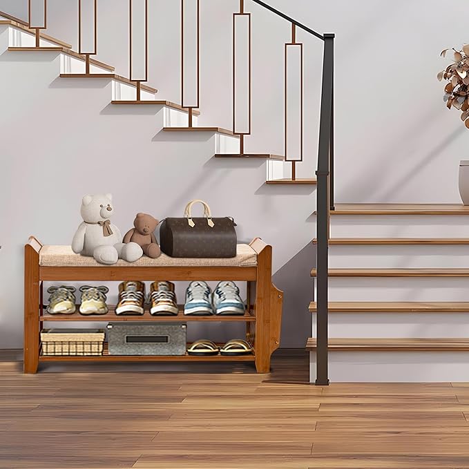Shoe Storage Bench for Entryway, Bamboo Entryway Bench - Image 2