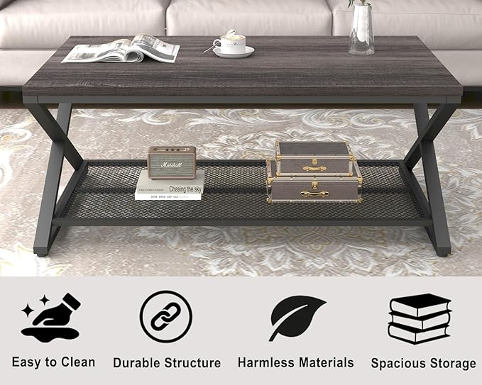 LVB Industrial Grey Coffee Table, 2 Tier Wood Metal Living Room Table, Wooden - Image 5