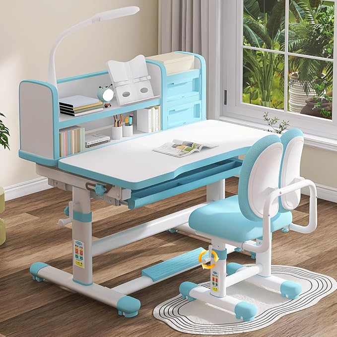 Kids Study Table and Chair Set Blue Height Adjustable Child's School Study - Image 2