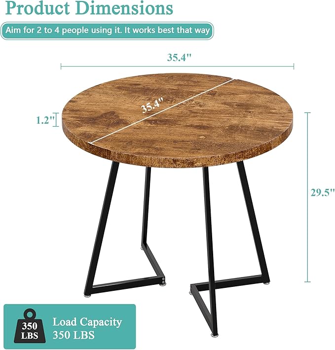 VECELO 35" Round Dining Table for 4, Wood-Grain Tabletop & Heavy-Duty Steel - Image 6