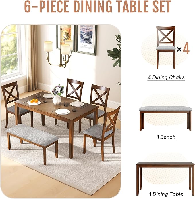 6-Piece Solid Wood Dining Table Set, Including 1 Dining Table, 4 Upholstered - Image 4