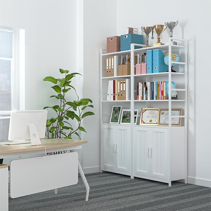 White Bookshelf with Doors, 6 Tier Book Shelf - Image 4