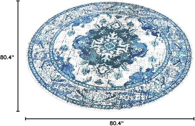SAFAVIEH Monaco Collection 6'7" Round IvoryBlue MNC243A Boho Chic Medallion - Image 2