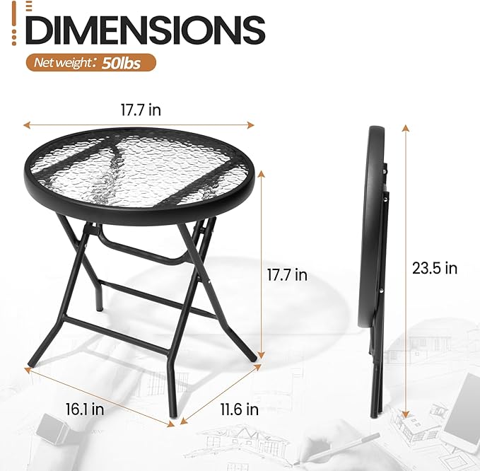 Foldable Side Table with Tempered Glass Top 18" Outdoor Folding Side Tables - Image 2