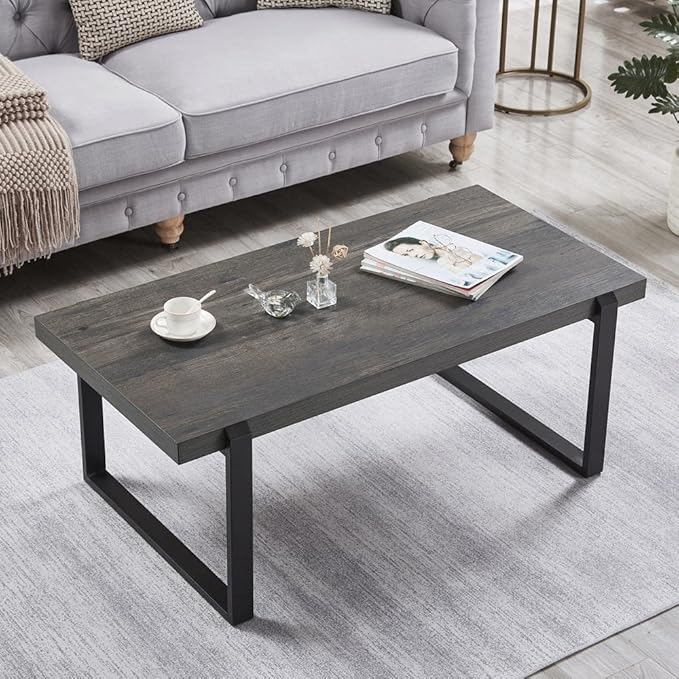 EXCEFUR Modern Coffee Table, Rustic Wood and Metal Center Table, Rectangle - Image 3