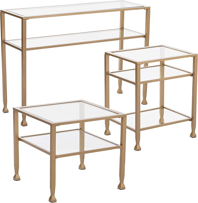SEI Furniture Jaymes Metal & Glass 2-Tier Console Table, Soft Gold - Image 7