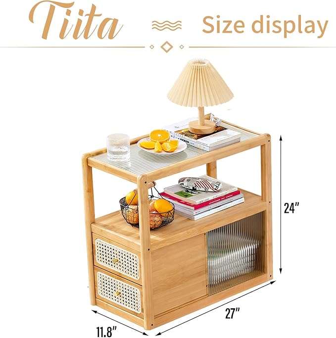 Tiita Rattan Nightstand Side Table, Bamboo Accent Bedside Tables, Glass Coffee - Image 2