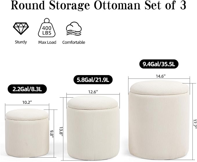 Round Set of 3 Ottoman with Storage-Upholstered Velvet Vanity Stool - Image 2
