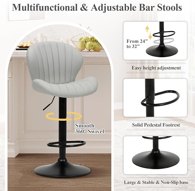 COLAMY Bar Stools Set of 2, Modern Swivel Bar Chairs, Adjustable Faux Leather - Image 4