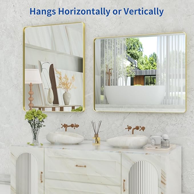 WEER Gold Bathroom Mirror, 40X32 Inch Brushed Gold Metal Frame Mirror, Rounded - Image 5