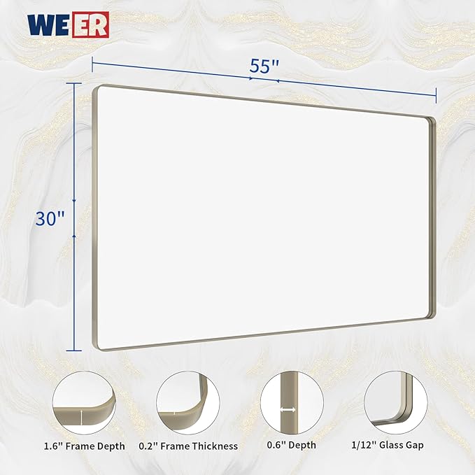 WEER 55X30 Inch Brushed Nickel Bathroom Mirror, Brushed Silver Metal Frame - Image 6