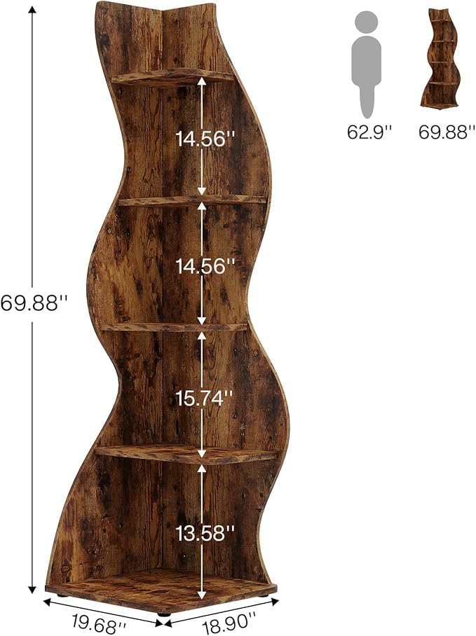 Tribesigns Corner Shelf, Rustic 5-Tier Wall Corner Bookshelf, Stylish Corner - Image 3