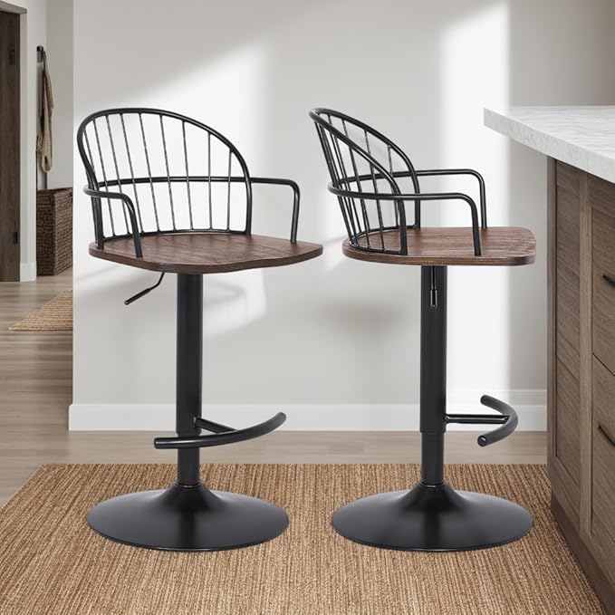 Armen Living Edward Adjustable Walnut Glazed Barstool in Black Powder Coated - Image 2