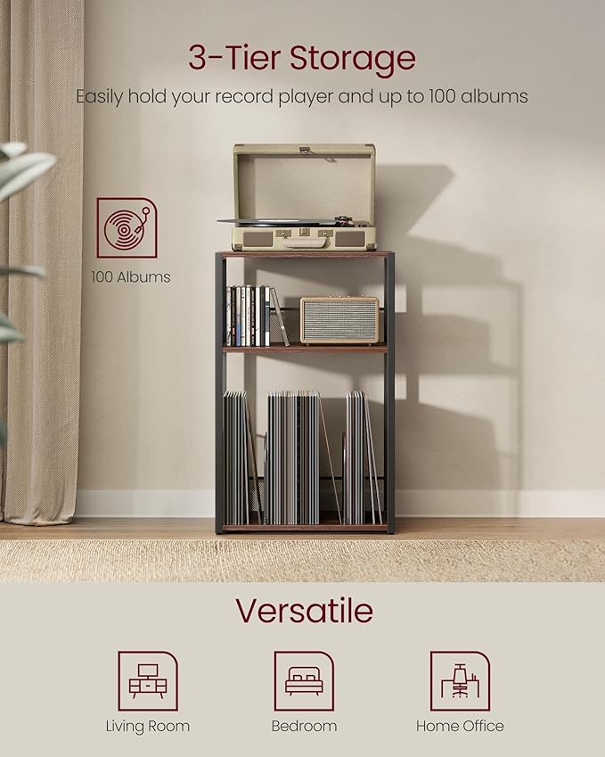 VASAGLE Record Player Stand, 3-Tier Side Table, Vinyl Record Storage up to 100 - Image 4