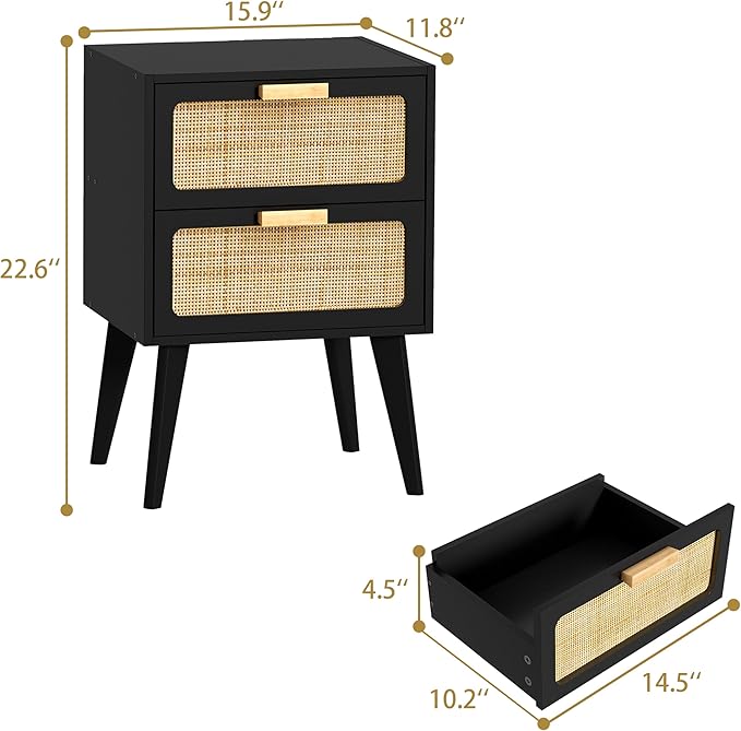 Rattan Nightstand Set of 2, Mid Century Modern Bedside Table - Image 3