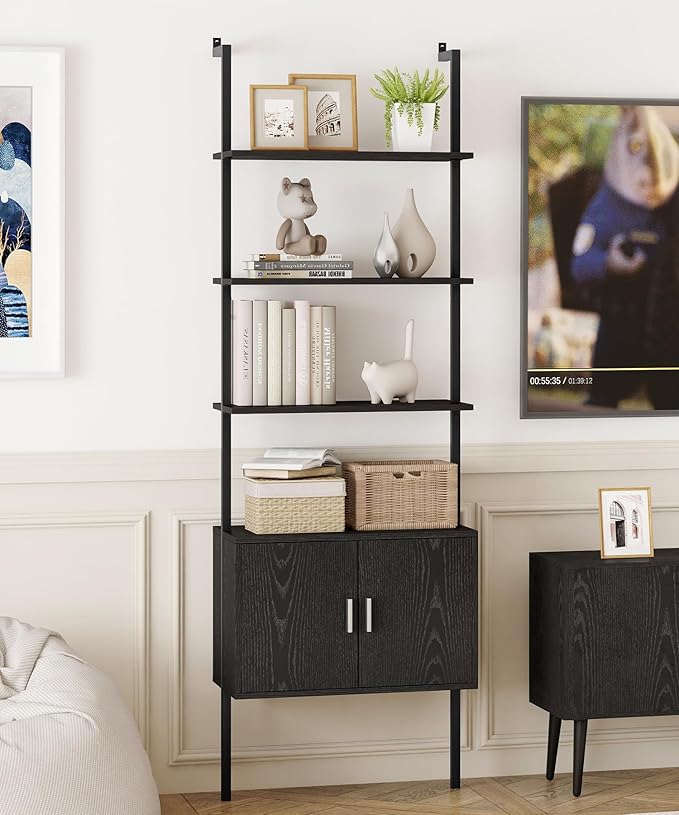 Yusong 73" Tall Bookshelf with Cabinet, Industrial Ladder Wall Mount Shelf - Image 8