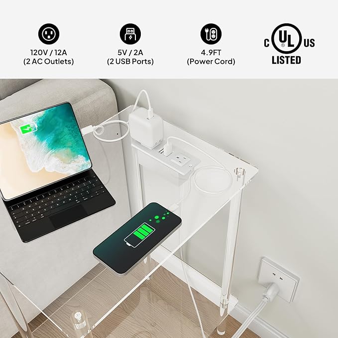 Eglaf Acrylic Side Table with Charging Station & USB Ports - Image 7