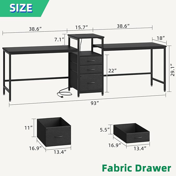 93'' Two Person Desk with Charging Station, Long Desk with 3 Drawers and - Image 2