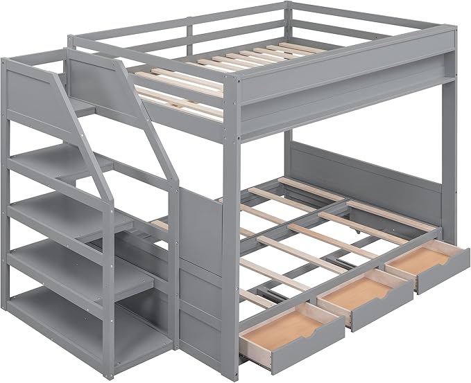 Full Size Wood Bunk Bed with Storage Staircase, Bedside Table, and 3 Drawers - Image 5