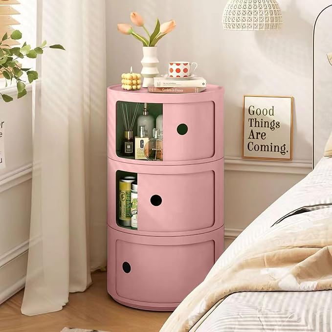 3 Tier Round Nightstand with Drawer, Living Room - Image 2