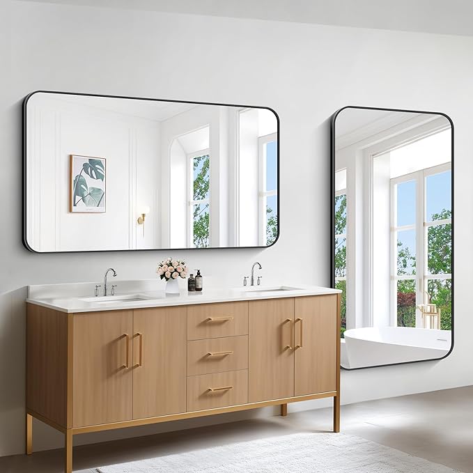 Bathroom Mirror, Metal Frame Rounded Corner Vanity Mirror, Large Wall Mounted - Image 3