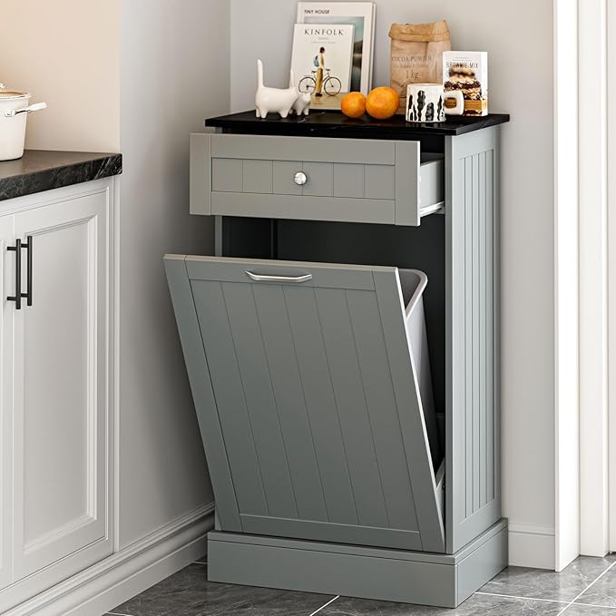 GAZHOME 10 Gallon Tilt Out Trash Cabinet, Upgrade Wooden Free Standing Recyclin by GAZHOME