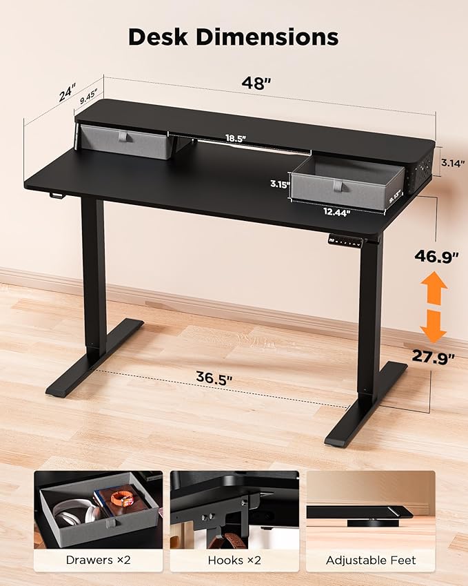 48x24 Inch Standing Desk with Double Drawers, C-Clamp Mount Compatible - Image 3