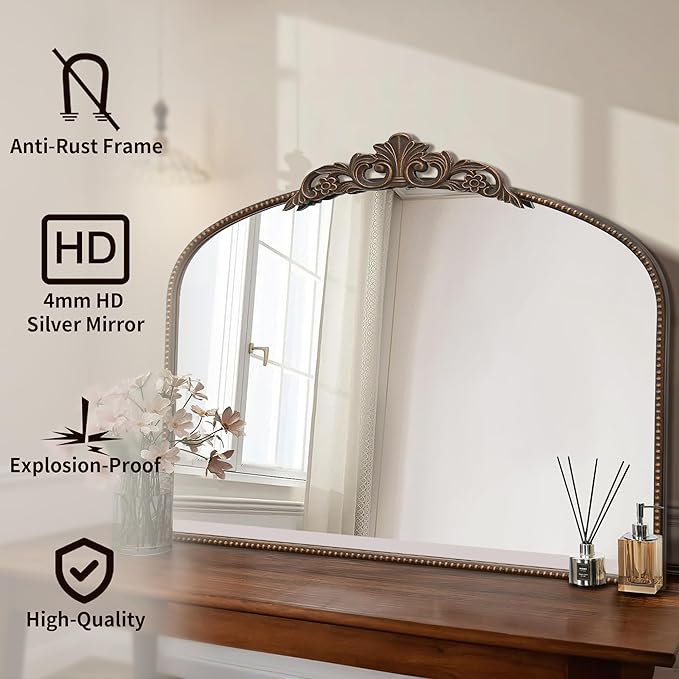 Micasso Bronze Vintage Arched Mirror: 29x36 in French Baroque Antique Wall - Image 2